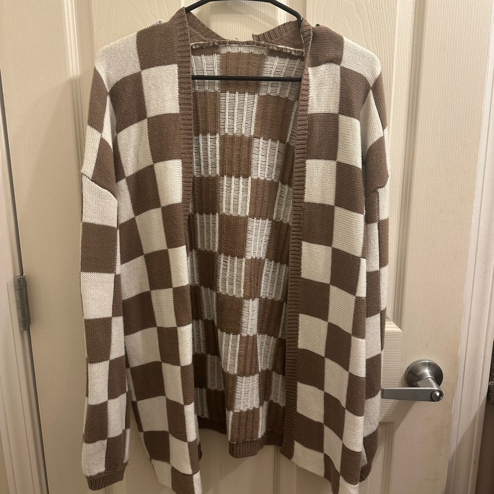 Brown and White Checkered Cardigan
